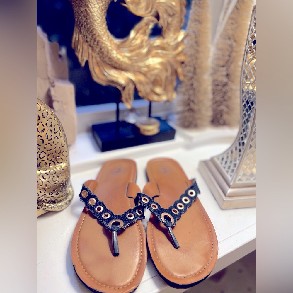 Blue Jean and gold Metallic grommet flip-flop sandals